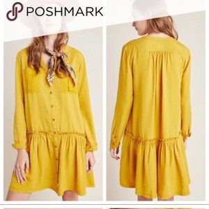 Maeve by Anthropologie Yellow Long Sleeve Button Up Dress Ruffle Pockets Sz 4